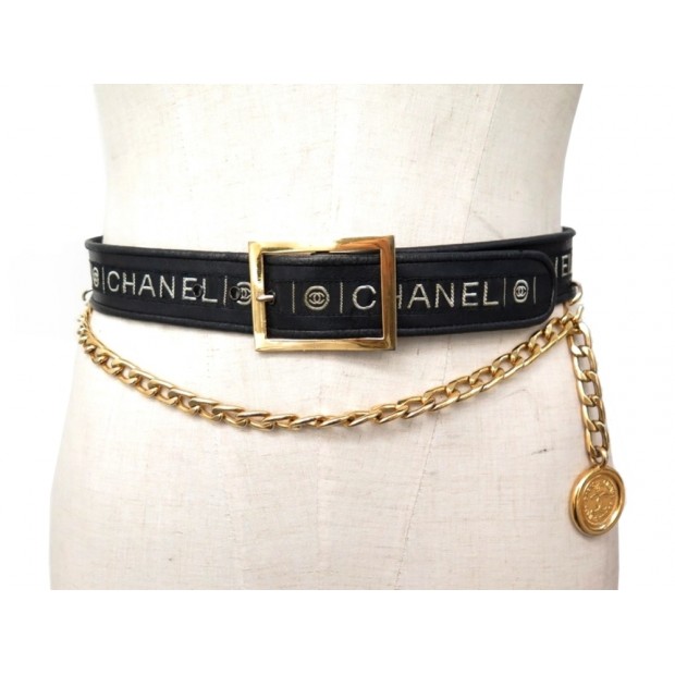 VINTAGE CEINTURE CHANEL T70 EN CUIR NOIR LOGO CC ET CHAINE DOREE MEDAILLON BELT