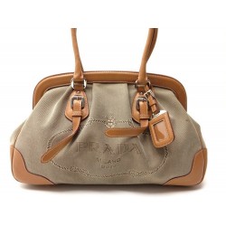 SAC A MAIN PRADA EN TOILE & CUIR MARRON LOGO JAQUARD CANVAS HAND BAG PURSE 1045€