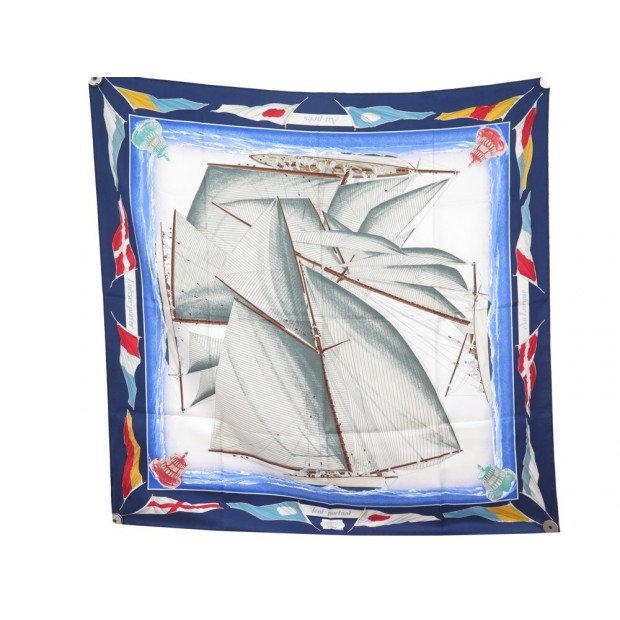 FOULARD HERMES VENT PORTANT YANNICK MANIER CARRE 90 EN SOIE BLEU SILK SCARF 370€