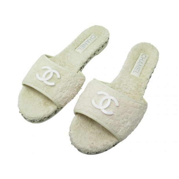 CHAUSSURES CHANEL MULES SANDALES EN TISSU EPONGE 40 BLANC WHITE SANDALS 1500€