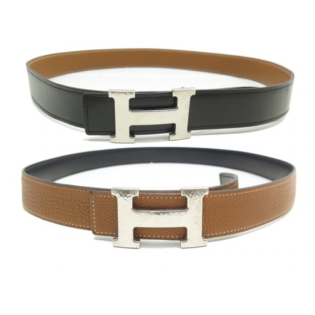 CEINTURE HERMES BOUCLE H MARTELEE T95 CUIR REVERSIBLE TOGO GOLD & NOIR BELT 715€