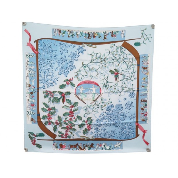 NEUF FOULARD HERMES NEIGE D'ANTAN CATY LATHAM CARRE 90 EN SOIE BLEUE SCARF 460€