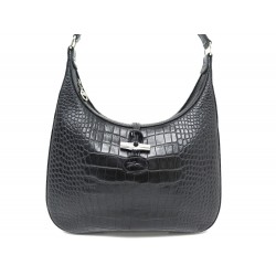 NEUF SAC A MAIN LONGCHAMP ROSEAU CUIR FACON CROCO NOIR BLACK LEATHER BAG 450€