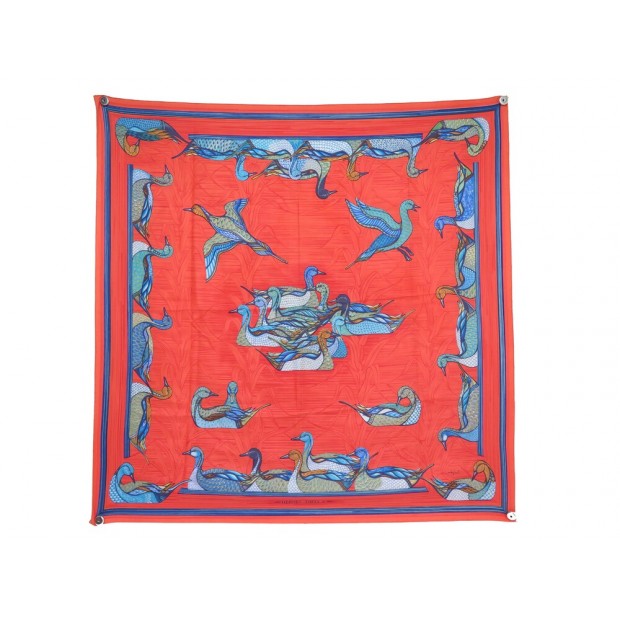 FOULARD HERMES LA MARE AUX CANARDS DAPHNE DUCHESNE SOIE ROUGE SLIK SCARF 460€