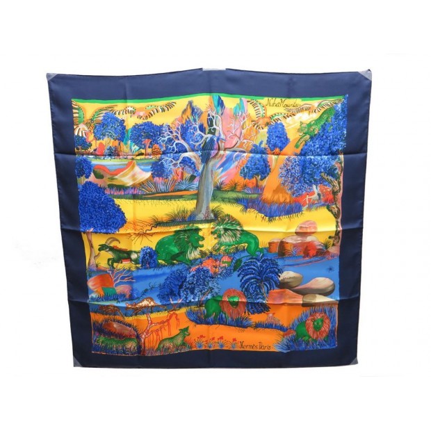 NEUF FOULARD HERMES NUBA MOUNTAIN SEFEDINE KWUMI CARRE EN SOIE BLEU SCARF 350€