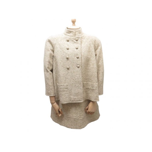 VINTAGE TAILLEUR LE DIX BALENCIAGA 36 S VESTE JUPE EN TWEED LAINE BEIGE JACKET