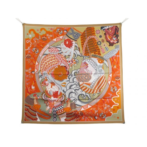 NEUF FOULARD HERMES CARRE 90 DUO COSMIQUE HTH2111 EN SOIE ORANGE SILK SCARF NEW