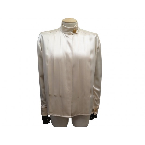 BLOUSE CHANEL BOUTONS TREFLE M 38 EN SATIN DE SOIE ECRU CHEMISIER SILK TOP 4700€