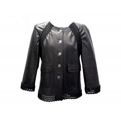 VESTE CHANEL BORDURE AJOUREE P57938C00280 CUIR NOIR 38 M BLOUSON JACKET 8570€