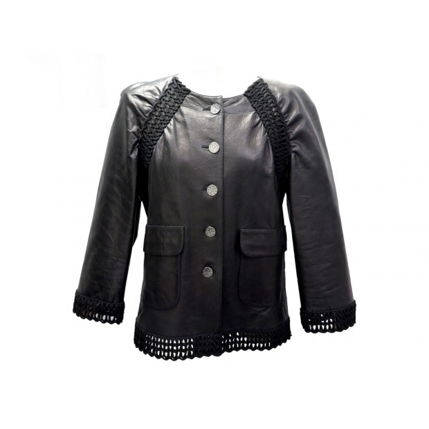 VESTE CHANEL BORDURE AJOUREE P57938C00280 CUIR NOIR 38 M BLOUSON JACKET 8570€