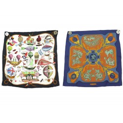 LOT 2 FOULARDS GAVROCHES HERMES LES FOLIES DU CIEL & TSUBAS CARRES SCARVES 420€