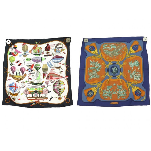 LOT 2 FOULARDS GAVROCHES HERMES LES FOLIES DU CIEL & TSUBAS CARRES SCARVES 420€