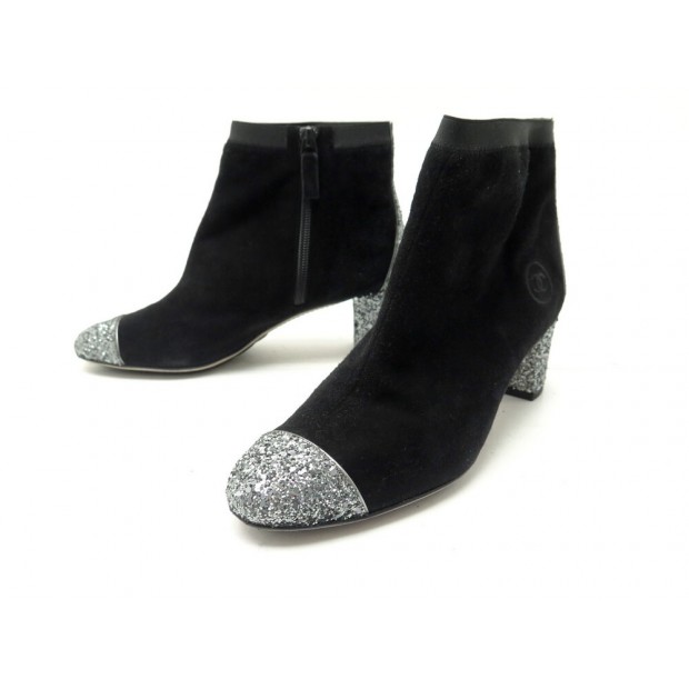 NEUF CHAUSSURES BOTTINES CHANEL LOGO CC DAIM SEQUINS ARGENTES 38 NEW BOOTS 1500€