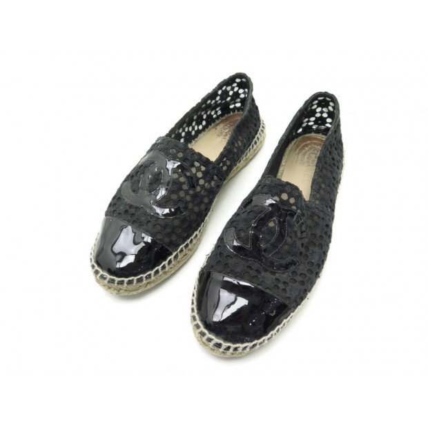 CHAUSSURES CHANEL LOGO CC ESPADRILLES 41 G29762 DENTELLE CUIR NOIR SHOES 790€