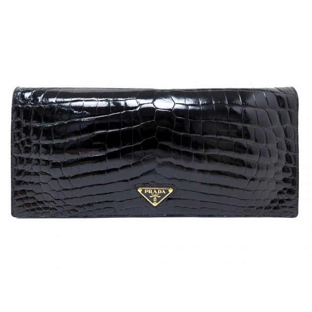 NEUF SAC A MAIN PRADA POCHETTE EN CUIR DE CROCODILE NOIR BLACK POUCH BAG CLUTCH