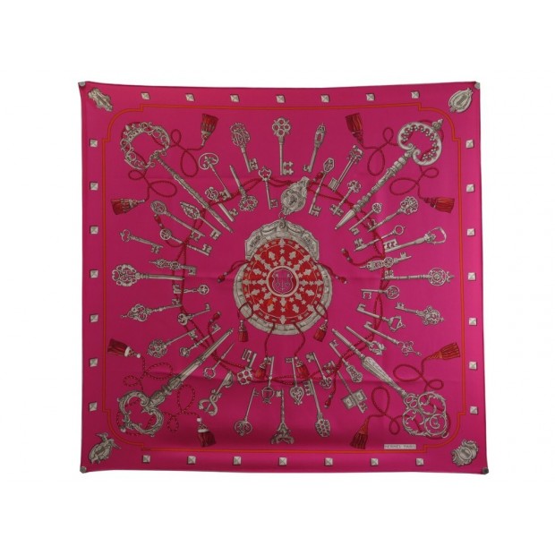 FOULARD HERMES LES CLES LATHAM CARRE 90 EN SOIE FUSHIA WHITE SILK SCARF 460€