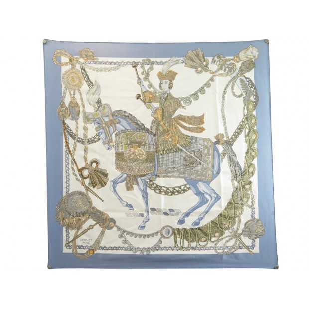 FOULARD HERMES LE TIMBALIER FRANCOISE HERON CARRE 90 EN SOIE BLEUE SCARF 460€