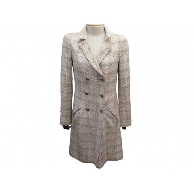 MANTEAU CHANEL LONG A CARREAUX P25994V16010 36 S EN TWEED ECRU COAT 7000€