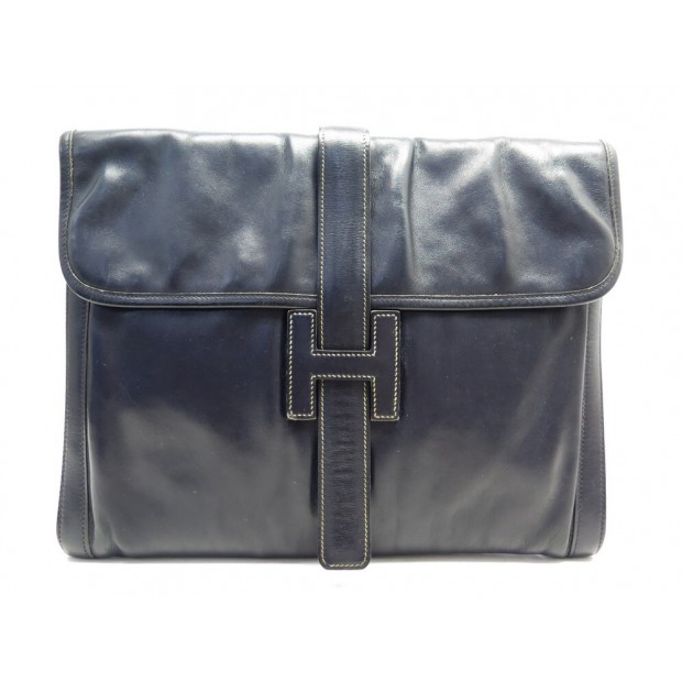 VINTAGE POCHETTE A MAIN HERMES JIGE GM EN CUIR BOX BLEU NAVY SAC CLUTCH 3590€