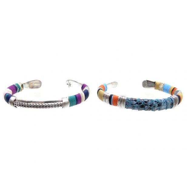 LOT DE 2 BRACELETS GAZ MASSAI BIS EN METAL ARGENTE & FILS MULTICOLORES CUIR 260€