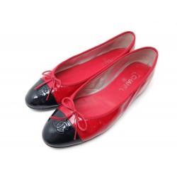 CHAUSSURES CHANEL BALLERINES G02819 41 CUIR VERNI BICOLORE ROUGE NOIR SHOES 540€