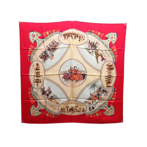 FOULARD HERMES CAVALIERS PEULS JEAN DE FOUGEROLLE CARRE EN SOIE ROUGE SCARF 350