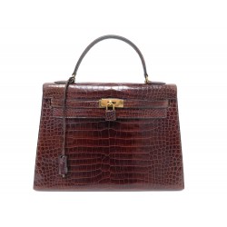 VINTAGE SAC A MAIN HERMES KELLY 32 SELLIER EN CUIR DE CROCODILE MARRON HAND BAG