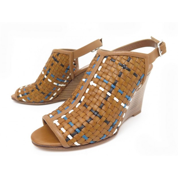 CHAUSSURES HERMES CUIR TRESSE 39 A TALONS COMPENSES GOLD LEATHER SHOES 1490€