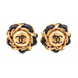 NEUF BOUCLES D OREILLES CHANEL LOGO CC EN METAL DORE & CUIR A CLIP EARRINGS 420€