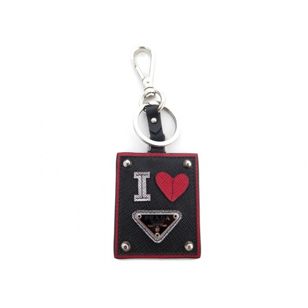 NEUF PORTE CLES PRADA MOTIF I LOVE EN CUIR SAFFIANO NOIR NEW KEY HOLDER 380€