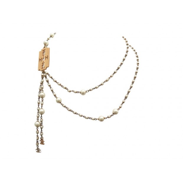 COLLIER CHANEL LAME DE RASOIR & LOGO CC PERLES & METAL DORE RAZOR BLADE NECKLACE