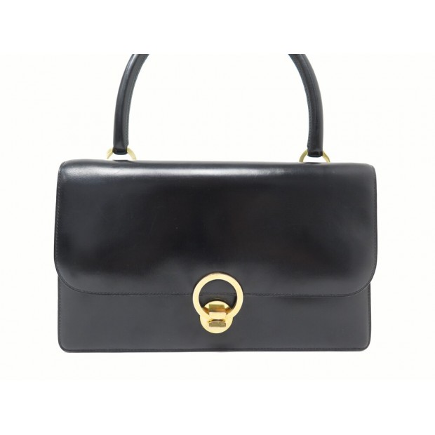 VINTAGE SAC A MAIN HERMES RING CIRCA 1970 EN CUIR BOX NOIR BLACK LEATHER HANDBAG