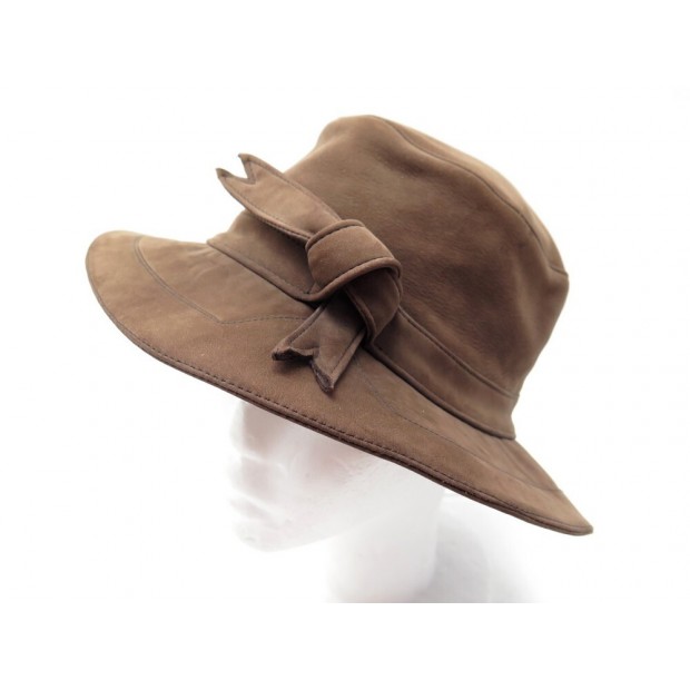 NEUF CHAPEAU HERMES AVEC NOEUD EN CUIR SUEDE MARRON 57 NEW LEATHER HAT 750€