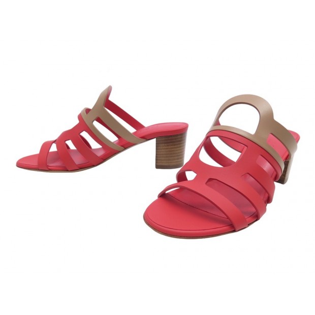 NEUF CHAUSSURES HERMES CELENA H211210Z 37 SANDALES A TALONS EN CUIR FUSHIA 615€