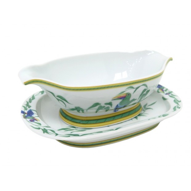 NEUF SAUCIERE ET COUPELLE HERMES TOUCANS EN PORCELAINE VERTE ET BLANCHE NEW