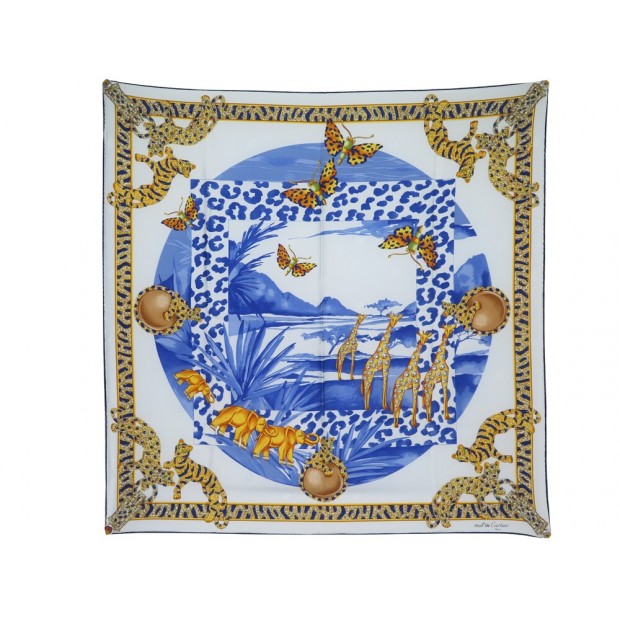 NEUF FOULARD CARTIER SAVANE AFRICAINE CARRE 90 CM EN SOIE BLEUE NEW SCARF 450€