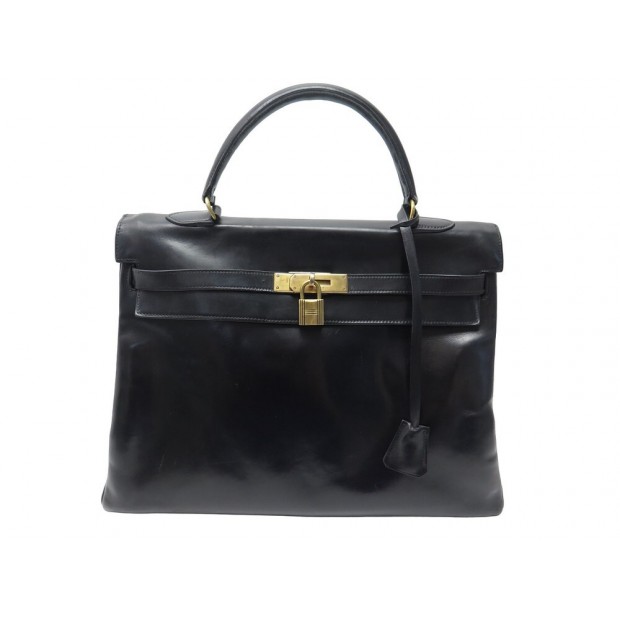 VINTAGE SAC A MAIN HERMES KELLY 35 RETOURNE 1969 EN CUIR BOX NOIR BLACK HAND BAG