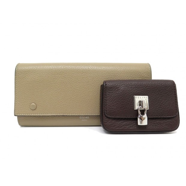 LOT CELINE PORTEFEUILLE 101673 BEIGE + PORTE MONNAIE EN CUIR MARRON WALLET 1000€