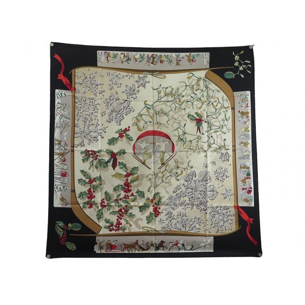 FOULARD HERMES NEIGE D'ANTAN CATHY LATHAM CARRE 90 SOIE NOIRE SILK SCARF 460€