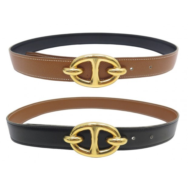 CEINTURE HERMES REVERSIBLE 76 BOUCLE CHAINE D'ANCRE 28MM CUIR NOIR BELT 680€