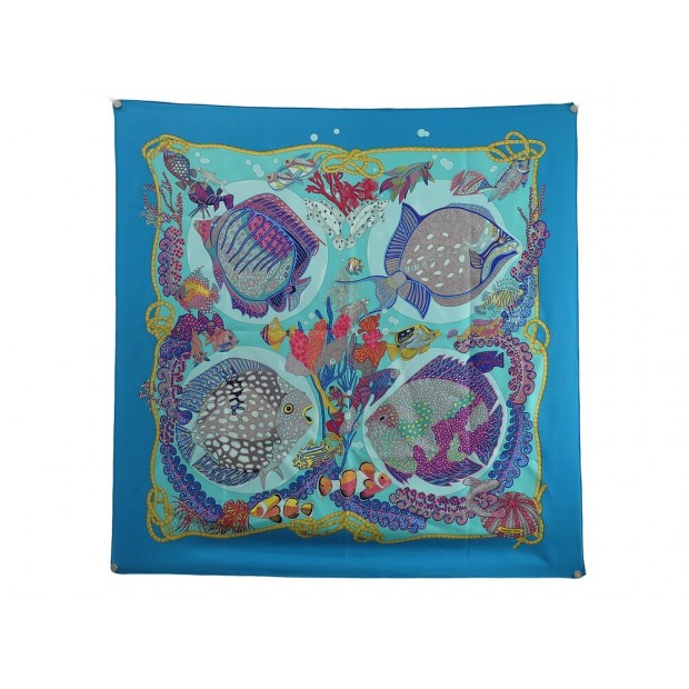 FOULARD HERMES GRANDS FONDS FAIVRE CARRE 90 CM EN SOIE BLEUE SILK SCARF 495€