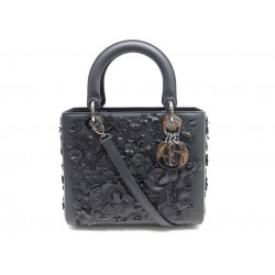 NEUF SAC A MAIN CHRISTIAN DIOR LADY CUIR NOIR FLEUR FLORAL EMBELLISHED BAG 3600€