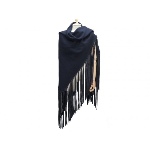 NEUF ETOLE HERMES TRIANGLE A FRANGES EN CUIR CACHEMIRE & LAINE BLEU CHALE 3600€