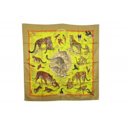 FOULARD HERMES TENDRESSE FELINE ROBERT DALLET CARRE SOIE JAUNE SILK SCARF 350€