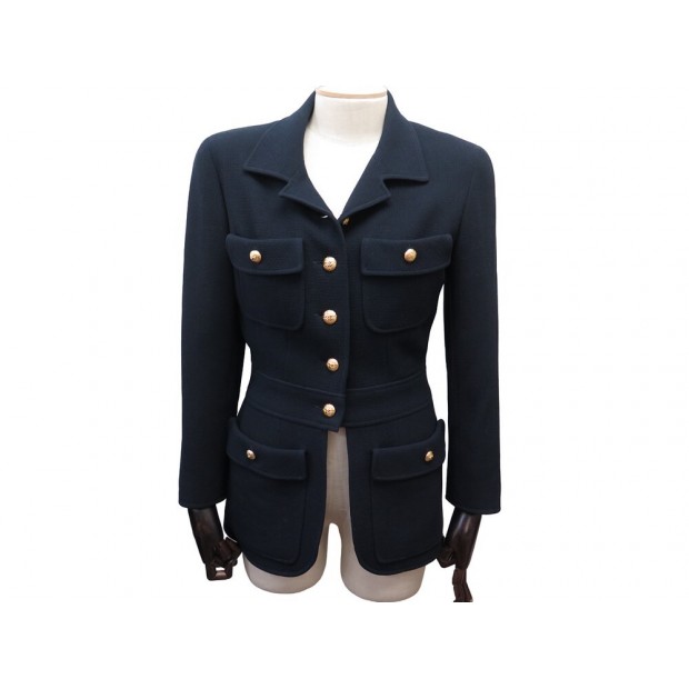 NEUF VESTE CHANEL BOUTONS LOGO CC S 36 TWEED BLEUE MARINE NAVY BLUE JACKET 6500€