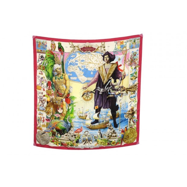 FOULARD HERMES LES AMERIQUES KERMIT OLIVER CARRE EN SOIE ROUGE SILK SCARF 350€