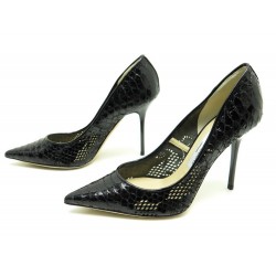 NEUF CHAUSSURES JIMMY CHOO FLEUR ESCARPINS 36.5 CUIR FACON PYTHON NOIR SHOE 655€