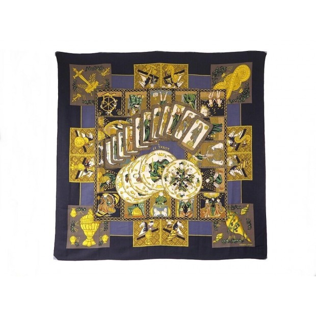 VINTAGE CHALE HERMES LE TAROT ANNIE FAIVRE CACHEMIRE SOIE NOIRE SILK SHAWL 1110€