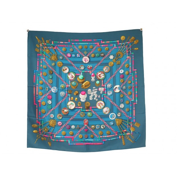 FOULARD HERMES PETITE MAIN CATHY LATHAM CARRE EN SOIE BLEU BLUE SILK SCARF 460€