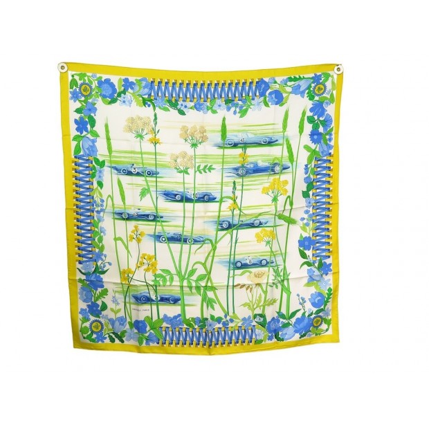 VINTAGE FOULARD HERMES LES BOLIDES 90 SOIE JAUNE 1ERE EDITION 1963 SCARF 460€